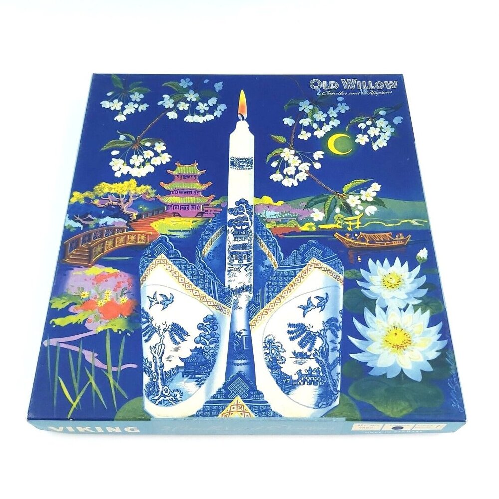 Vintage VIKING Denmark Old Willow Candle & Napkin Set - Blue Willow Pattern-NOS